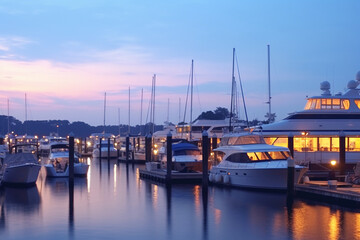 Boats and yachts moored to a pier at sunset - obrazy, fototapety, plakaty