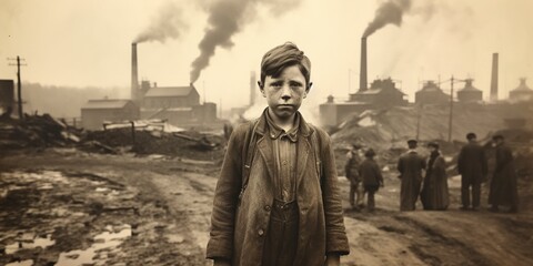 a child laborer around 1900 standing in front of a coal mine. 