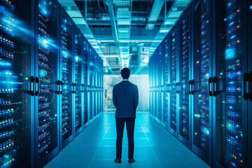 Rear view of businessman standing in server room and looking at data center