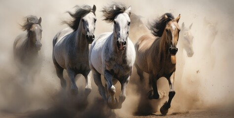 HERD of horses run with dust