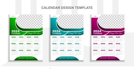 2024 Modern calendar design with place for photo and business or company logo. Creative calendar design vector layout with 3 colorful template.