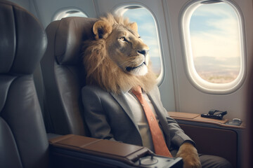 Lion in the cabin of the plane. The concept of business and travel.