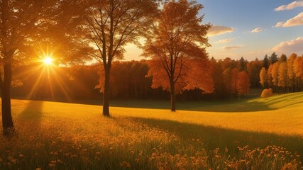 Autumn landscape with meadow, trees and sun rays