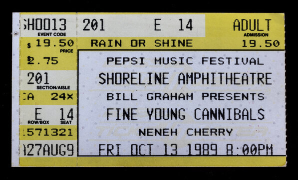 Mountain View, California - October 13, 1989 - Old used ticket stub for Fine Young Cannibals concert at Shoreline Amphitheatre