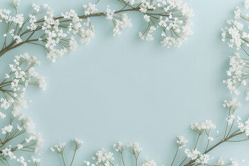 Spring flower banner with branches of blossoming white gypsophila on pastel blue background with bokeh effect end empty space for text