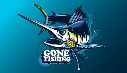 Marlin fishing logo vector  illustration. Swordfish fishing emblem isolated. Ocean fish logo. Saltwater fishing theme.