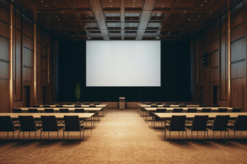 Interior of a lecture hall with rows of chairs and tables. 3d rendering - obrazy, fototapety, plakaty