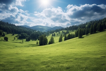 Fototapeta na wymiar Beautiful summer landscape with green meadow and forest on hillside