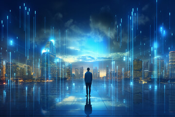 Back view of businessman looking at night city and binary code concept. 3D Rendering