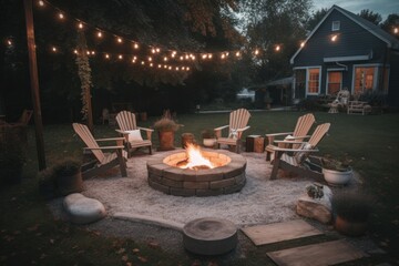 Backyard decorated lights, place for bonfire and family gatherings on fresh air and on Christmas.