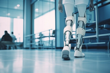 Robot walking on crutches in the hospital, closeup