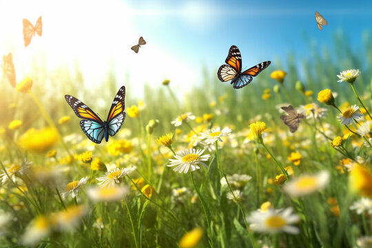 Spring meadow with flowers and butterflies. Nature background. 3d rendering