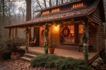 Cabin in forest lit of lantern, decorated with garlands, wreath for Christmas celebration close up.