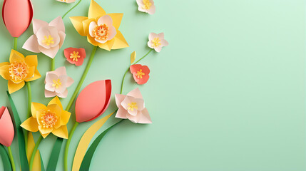 Pink origami tulips and yellow origami narcissus on yellow isolated background - obrazy, fototapety, plakaty