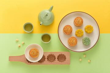 Background of Chinese Traditional Festival Mid-Autumn Festival.The Chinese meaning on the mooncake in the picture is: black sesame.