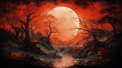 halloween background landscape with moon with red orange hues and creepy trees.