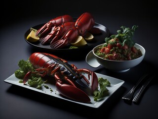 grilled lobster on a white plate with salad