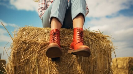 Legs of a woman sitting on a hay bale - Powered by Adobe