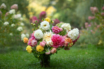 Kompozycja kwiatowa z kwiatów dalii, astrów i hortenji w ogrodzie, bukiet kwiatów, bouquet of...