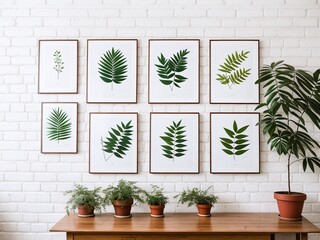 A series of framed botanical prints in vintage frames hanging on a white brick wall