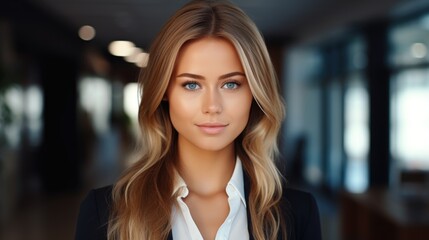 Naklejka premium confident professional business woman standing in front of her business office. 