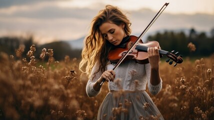 Woman playing violin in country field - obrazy, fototapety, plakaty