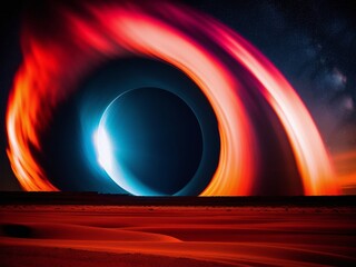 A surreal landscape of a massive spaceship traversing a black hole