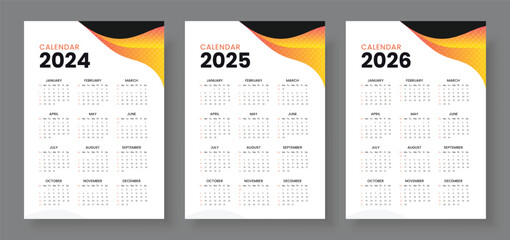 2024, 2025 and 2026 calendar set, Week start Sunday, Simple vertical calendar design template. Corporate design planner template. Wall calendar in a minimalist style - obrazy, fototapety, plakaty