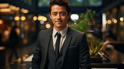 Fototapeta premium Corporate Man in a Pivotal Career Moment: Authentic and Happy Smile
