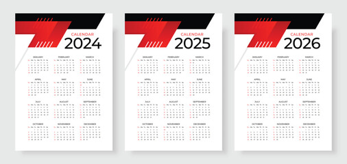 2024, 2025 and 2026 calendar set, Week start Sunday, Simple vertical calendar design template. Corporate design planner template. Wall calendar in a minimalist style