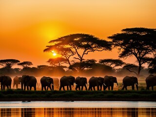 Fototapeta na wymiar A view of a massive elephant herd crossing the savanna with the sun setting behind them