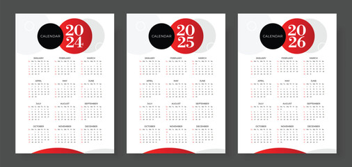 2024, 2025 and 2026 calendar set, Week start Sunday, Simple vertical calendar design template. Corporate design planner template. Wall calendar in a minimalist style