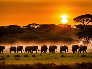 Fototapeta na wymiar A view of a massive elephant herd crossing the savanna with the sun setting behind them