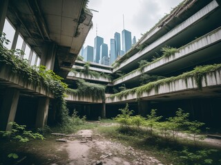 An abandoned futuristic city where nature has taken over