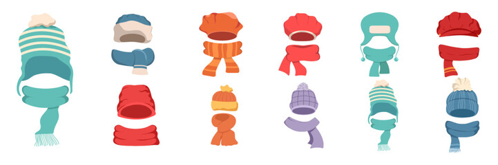 Winter hats. Kids knitting autumn headwear, hats and scarf, cold weather children accessories isolated vector illustration icons set. Child knitted scarf, accessory headwear, autumn childish garment