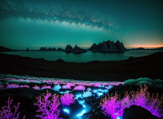 An otherworldly alien landscape with bioluminescent flora and fauna