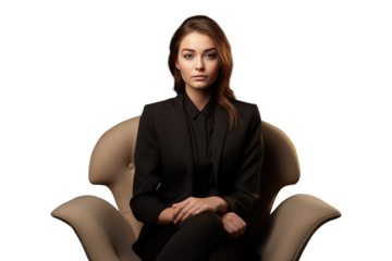Isolated png portrait of business woman in black suit sit on a chair