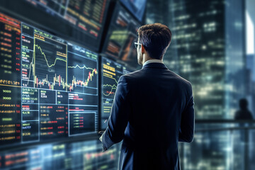 Rear view of young businessman in suit looking at forex chart