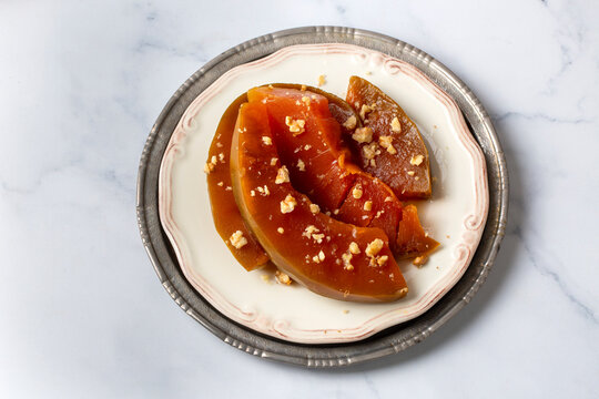 Traditional delicious Turkish cuisine; Pumpkin dessert or jam (Turkish name; Kirecte kabak receli or kabak tatlisi)