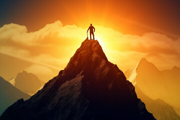 Businessman standing on top of mountain. Success and leadership concept. 3D Rendering