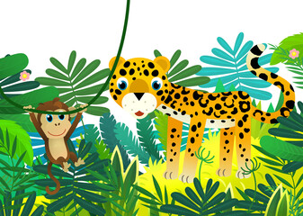 cartoon scene with jungle and animals being together as frame illustration for children