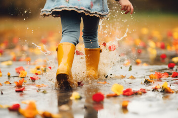 A girl in yellow rubber boots runs through autumn puddles