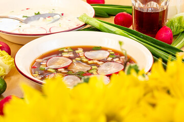 Cold okroshka soup. Freshness Russian okroshka made of summer chopped vegetables, cucumber, radish, potato, boiled eggs with herbs seasoned