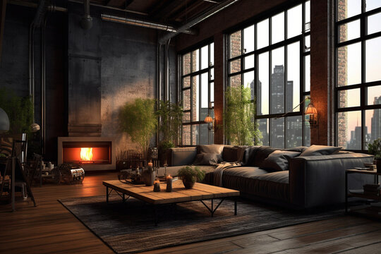 Dark living room loft with fireplace, industrial style - Generative AI