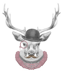 Portrat of Deer with Elizabethan Collar, Bowler Hat, Monocle and Mustache. Hand-drawn illustration