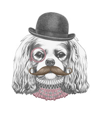 Portrat of Cavalier King Charles Spaniel with Elizabethan Collar, Bowler Hat, Monocle and Mustache. Hand-drawn illustration