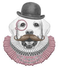 Portrat of Labrador Retriever with Elizabethan Collar, Bowler Hat, Monocle and Mustache. Hand-drawn illustration