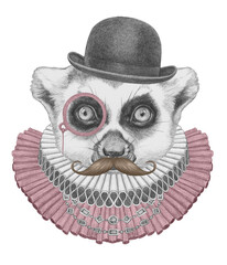 Portrat of Lemur with Elizabethan Collar, Bowler Hat, Monocle and Mustache. Hand-drawn illustration