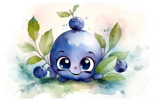 Watercolor illustration of blueberry berry with leaves