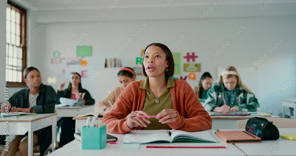 Poster high school, girl and raised hand for answer, class and education with talking for assessment. stude